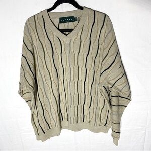 Vintage Tundra Beige Wavy Line Striped V Neck Light weight Dad Sweater XL